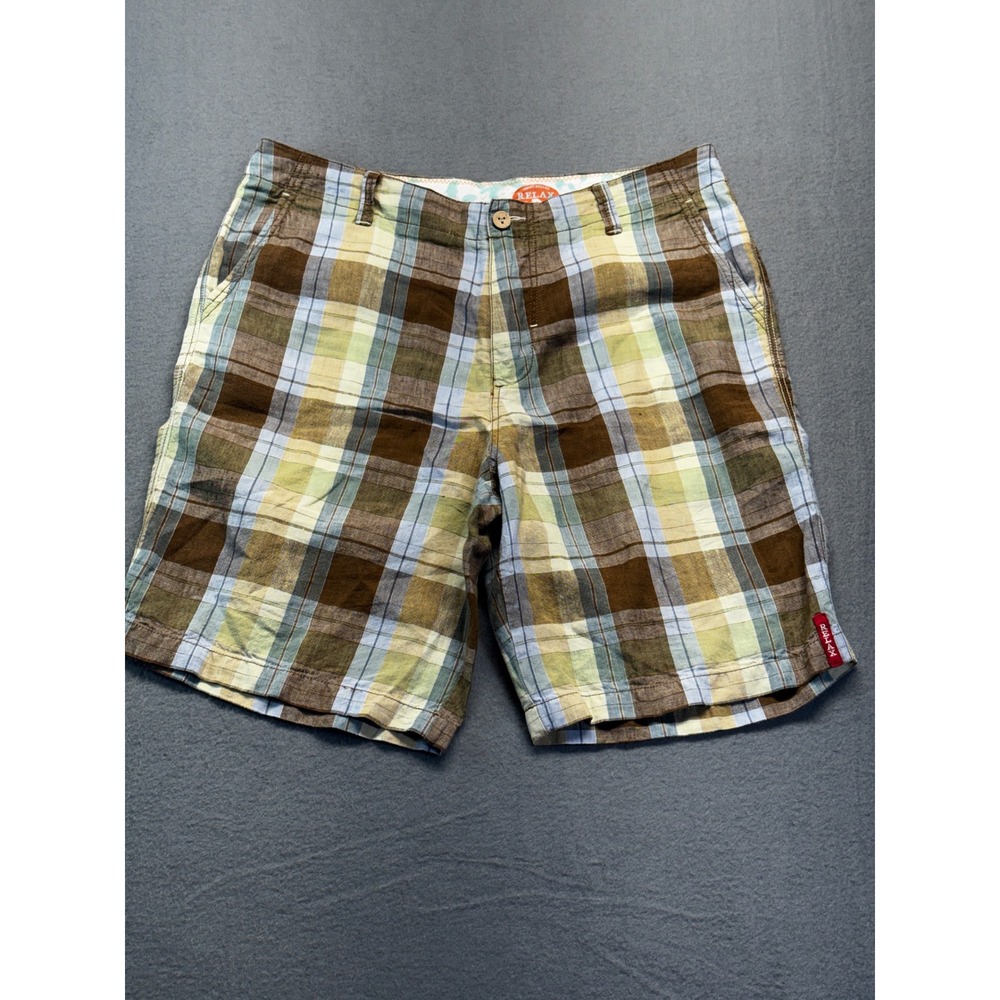 Tommy Bahama Relax Mens 35 Plaid Shorts 100% Linen Brown Blue Green Summer